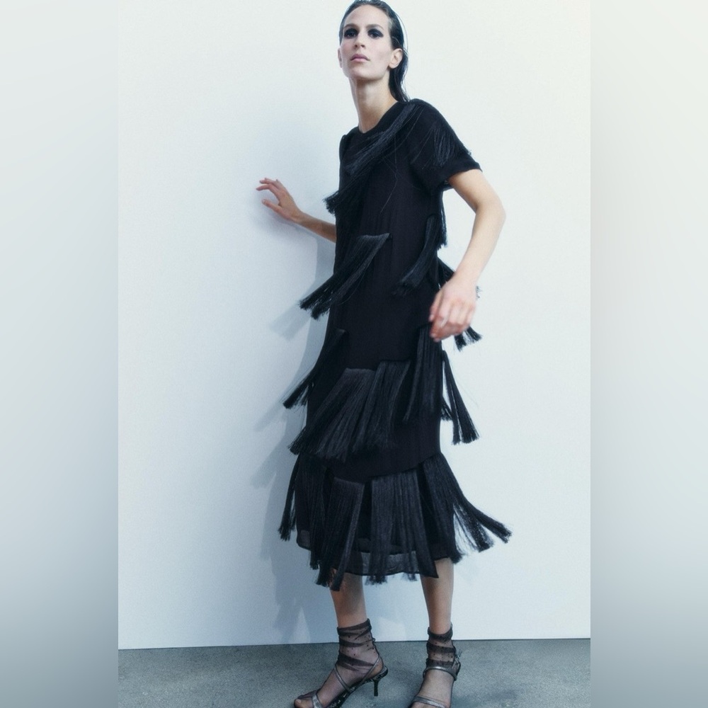 Zara Collection fringe black midi dress sz.XS